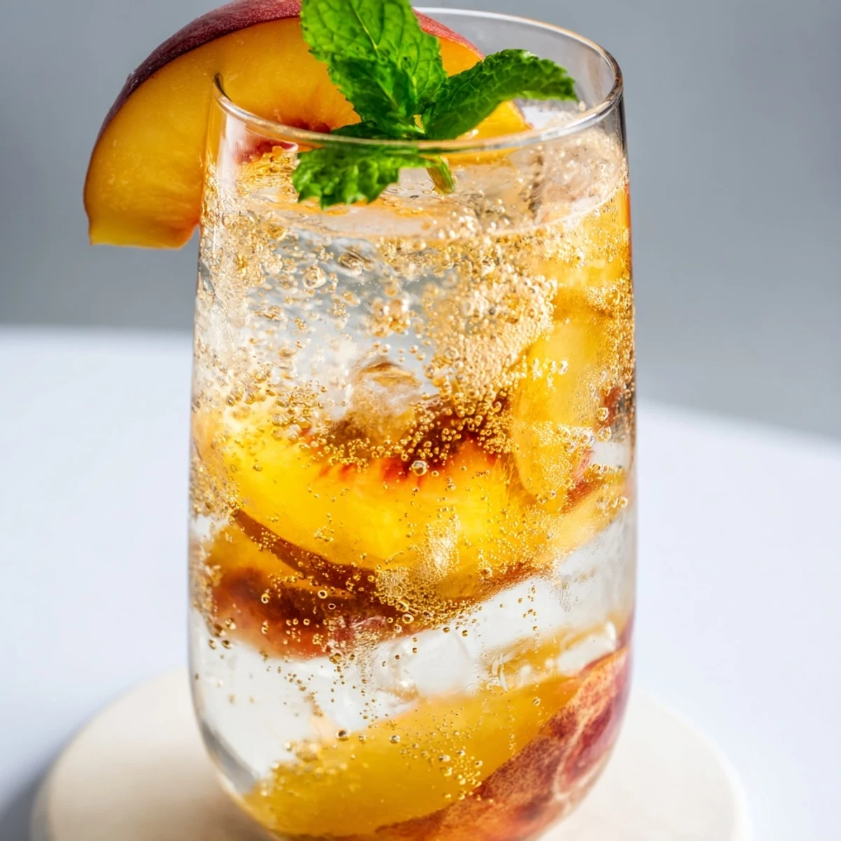 Golden peach slices float in a glass of Ginger Peach Sparkler topped with fresh mint