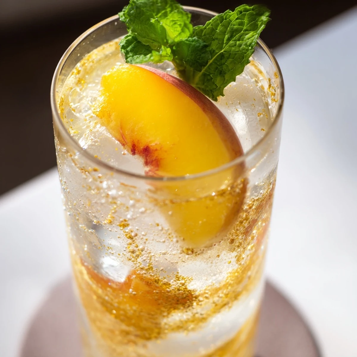 Refreshing Ginger Peach Sparkler in clear glass with ice and peach wedge garnish on wooden table