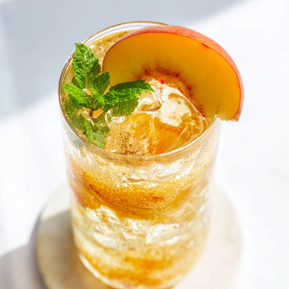 Bubbly Ginger Peach Sparkler poured over ice with floating peach puree and vibrant green mint sprig