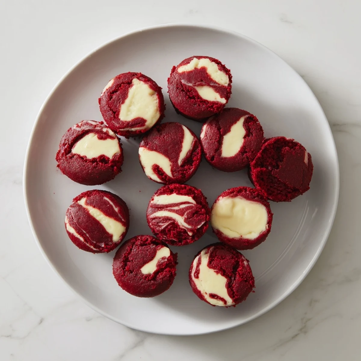 Decadent red velvet brownie bites swirled with creamy cheesecake topping on a white plate