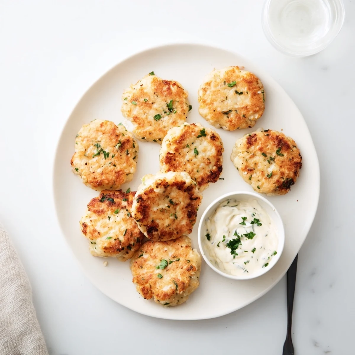 Close up of crispy fried chicken fritters stuffed with melted mozzarella cheese served alongside homemade garlic aioli for dipping
