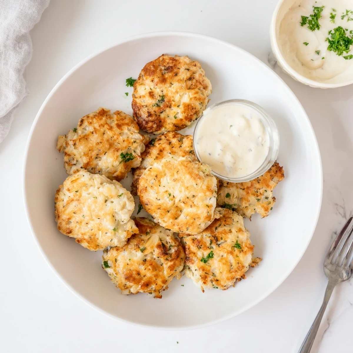 Golden brown cheesy chicken fritters arranged on a white platter with a small bowl of creamy garlic aioli dip in the center