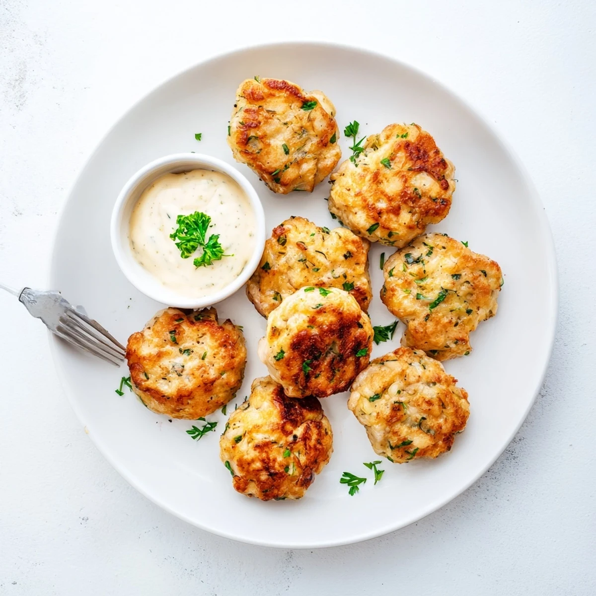 Plate of warm cheesy chicken fritters garnished with fresh parsley next to a smooth white garlic aioli dipping sauce