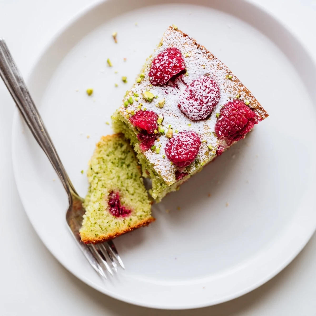 Golden pistachio raspberry cake slice with fresh berries and powdered sugar dusting on white plate