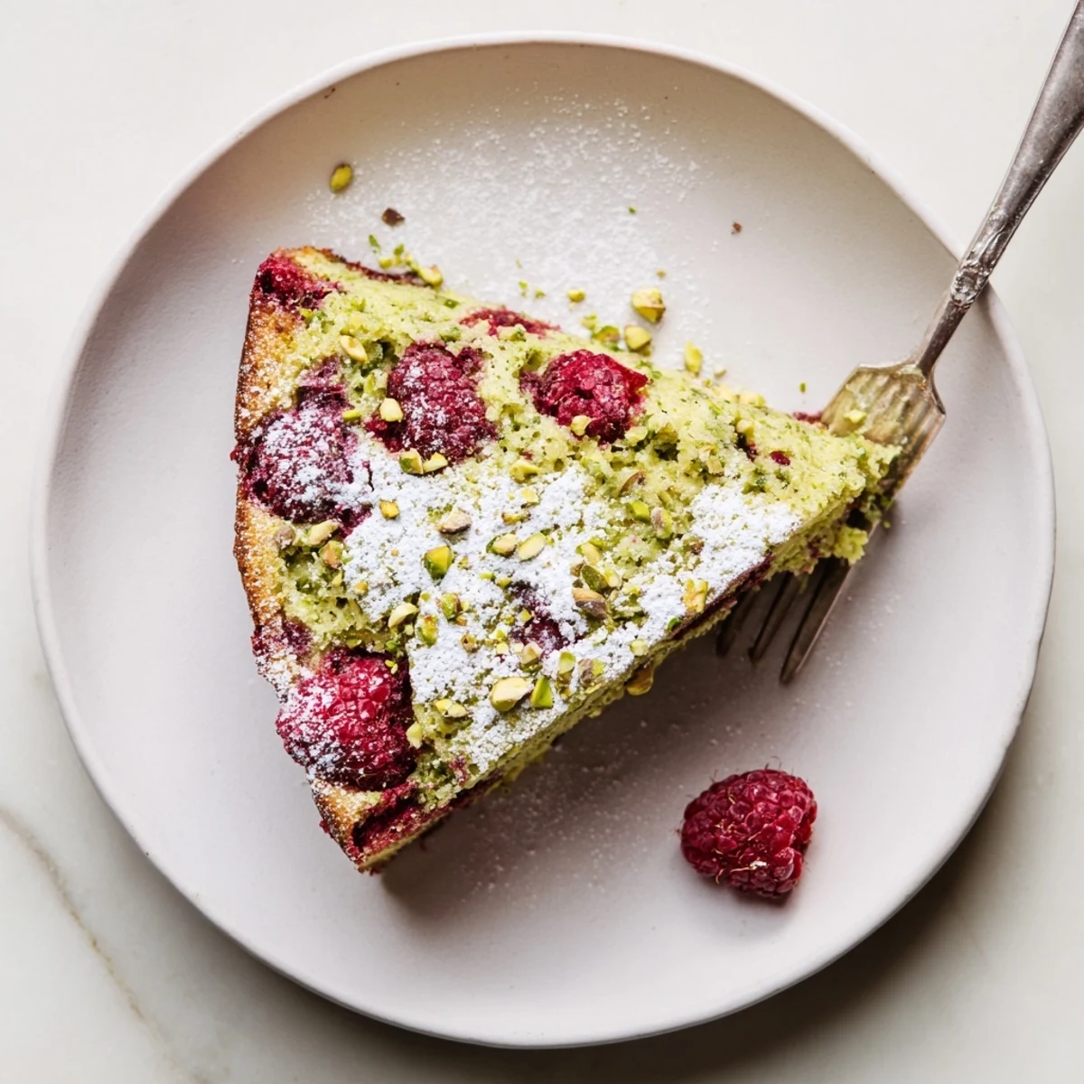 Moist green pistachio cake layered with tart raspberries, topped with chopped nuts for serving