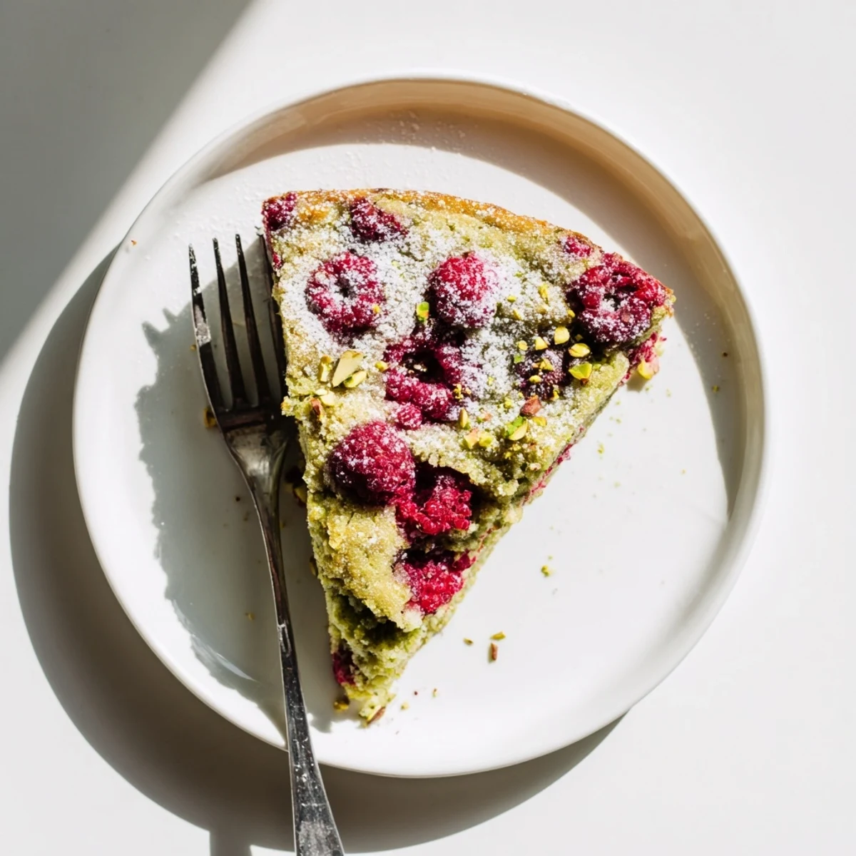 Slice of European-style pistachio raspberry cake showing tender crumb and bright red fruit pieces