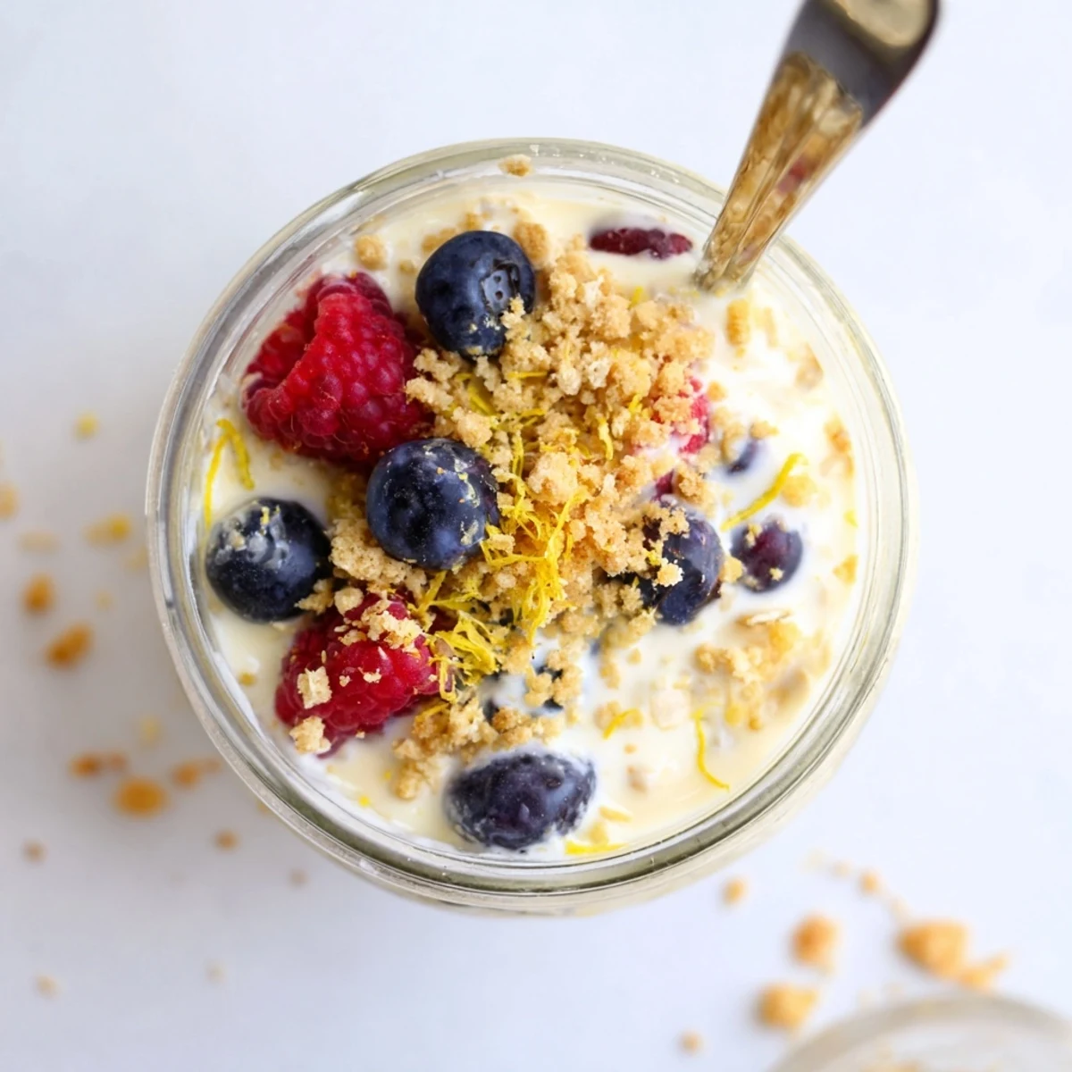 Glass jar layered with zesty lemon cheesecake overnight oats topped with fresh blueberries and graham cracker crumbs