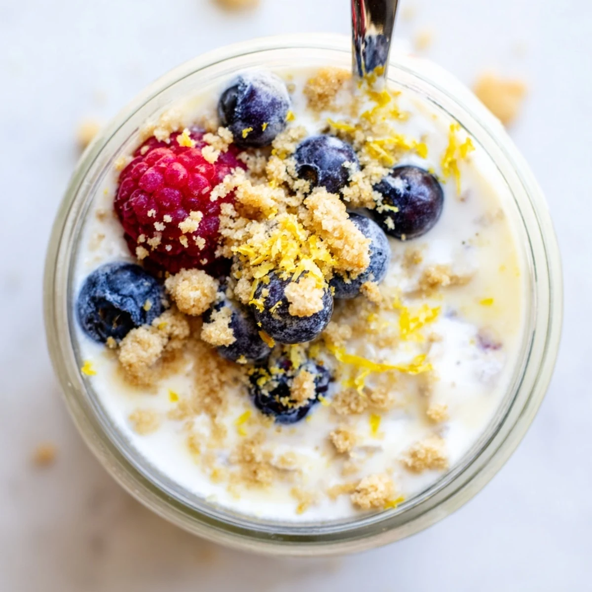 Spoonful of tangy lemon cheesecake overnight oats showing smooth Greek yogurt texture and berry topping