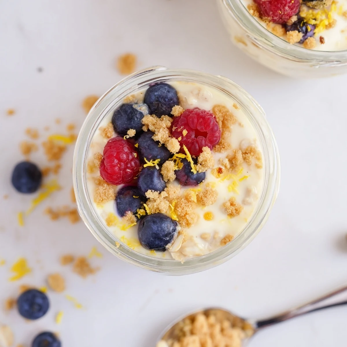Creamy lemon cheesecake overnight oats in a mason jar with raspberry garnish and lemon zest sprinkle