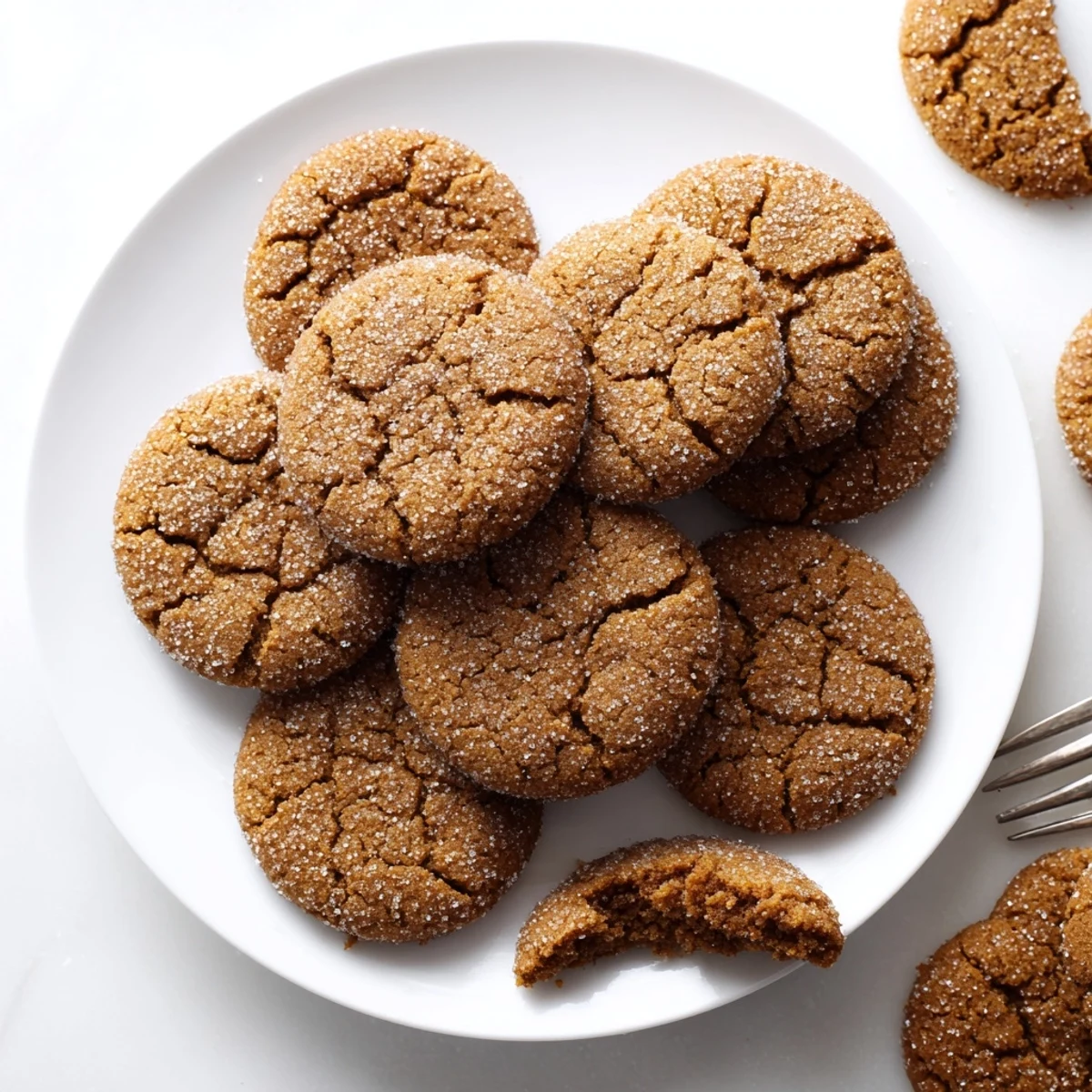 Golden homemade gingersnap cookies with crackled tops and sparkling sugar coating on a wooden board