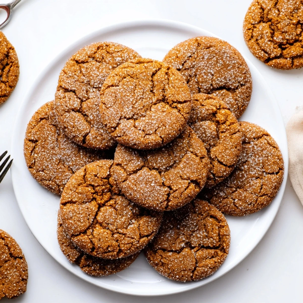Batch of warm gingersnap cookies fresh from the oven with crisp edges and chewy centers