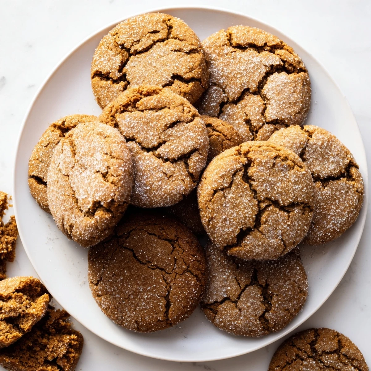 Plate of spicy gingersnap cookies dusted with sugar alongside a steaming mug of coffee