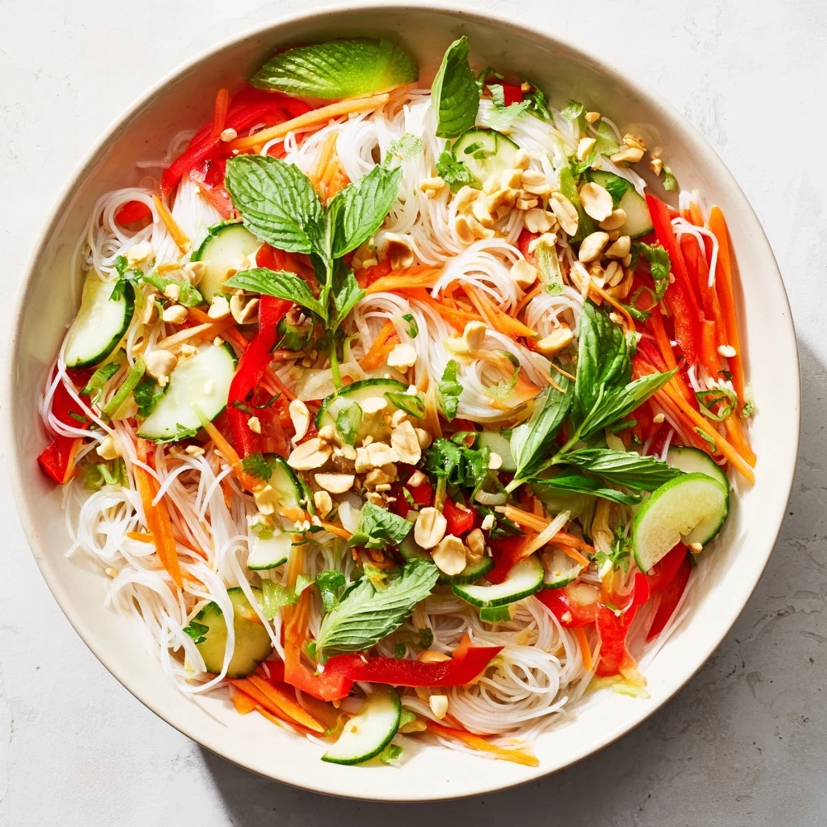 Vibrant Vietnamese noodle salad featuring crisp vegetables, fresh herbs, and tangy lime dressing topped with crushed roasted peanuts.