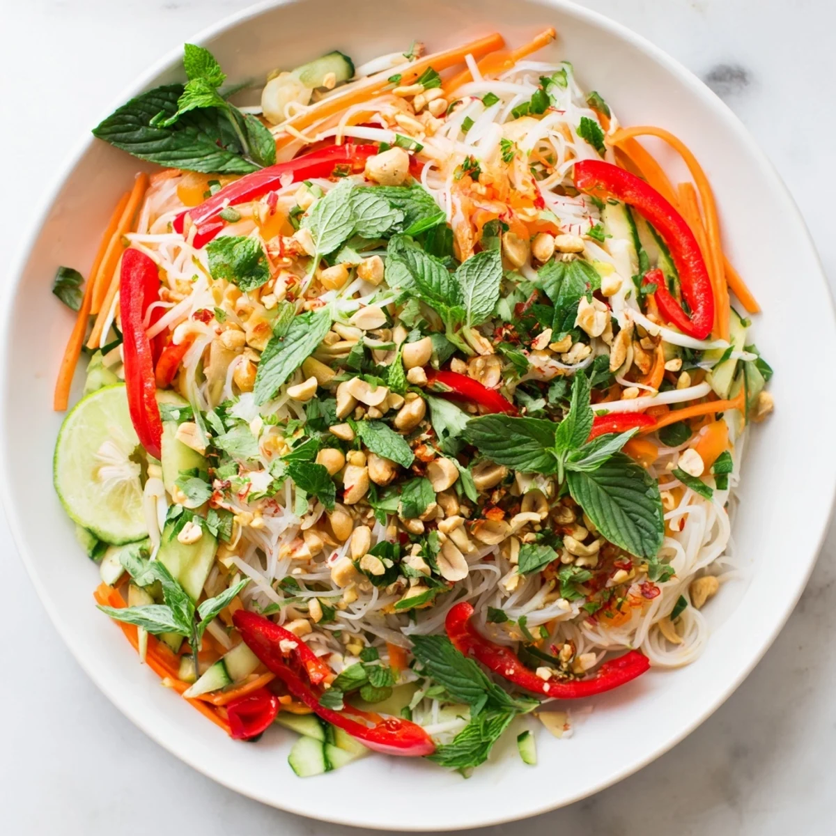 Colorful bowl of rice vermicelli noodles tossed with julienned carrots, cucumber, bell pepper, and aromatic mint and cilantro.