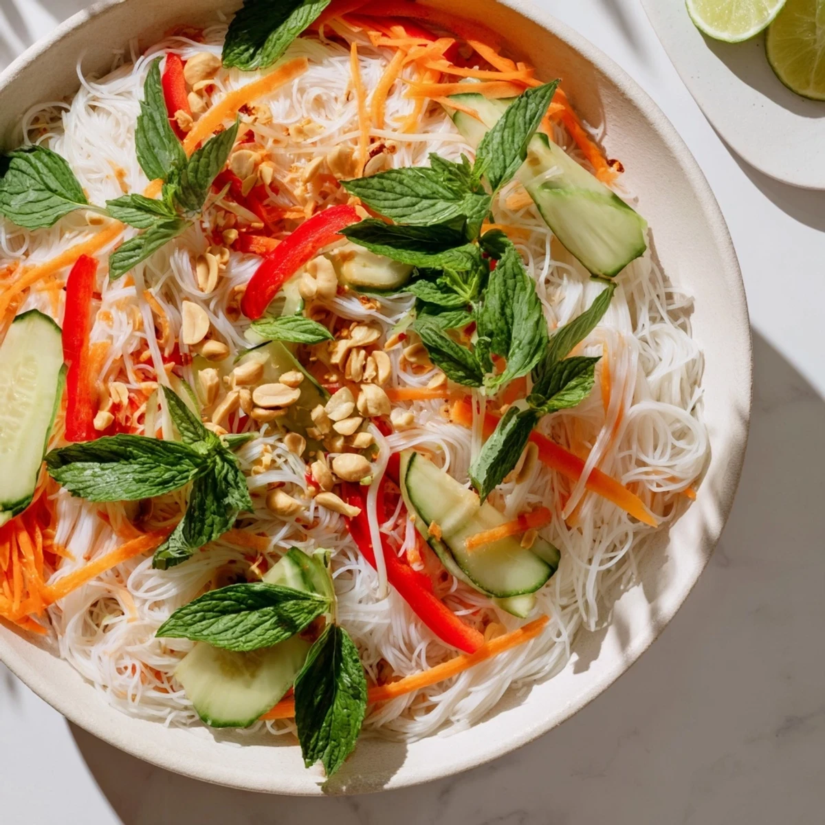 Refreshing Vietnamese noodle salad with zesty dressing, crunchy vegetables, and fragrant herbs garnished with roasted peanuts.