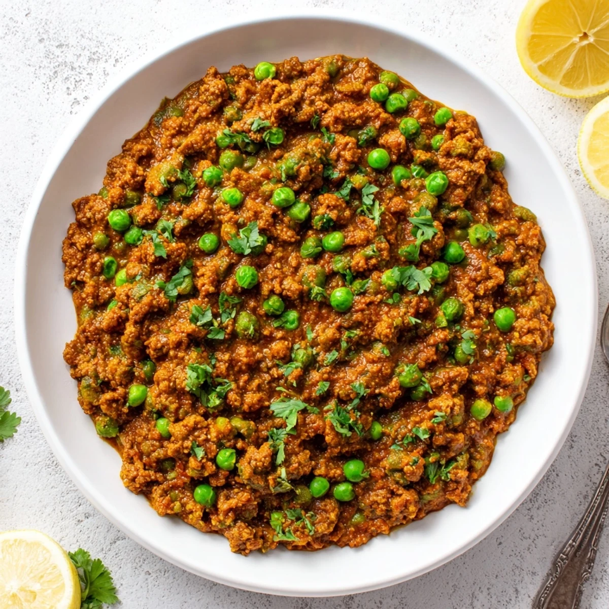 Savory Keema Curry with tender ground meat, green peas, and fragrant Indian spices served in a bowl