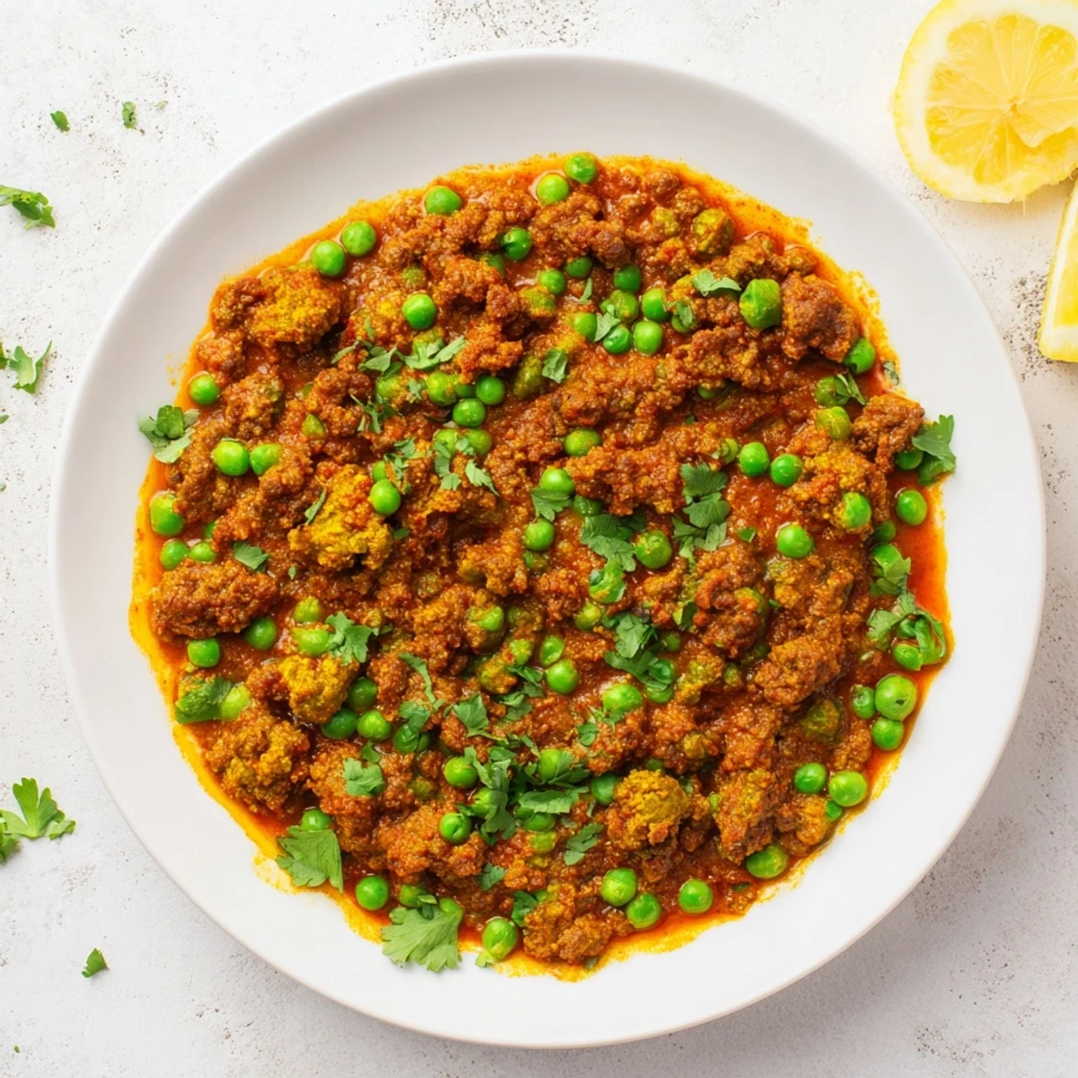 Golden aromatic Savory Keema Curry plated with fluffy basmati rice and fresh cilantro garnish