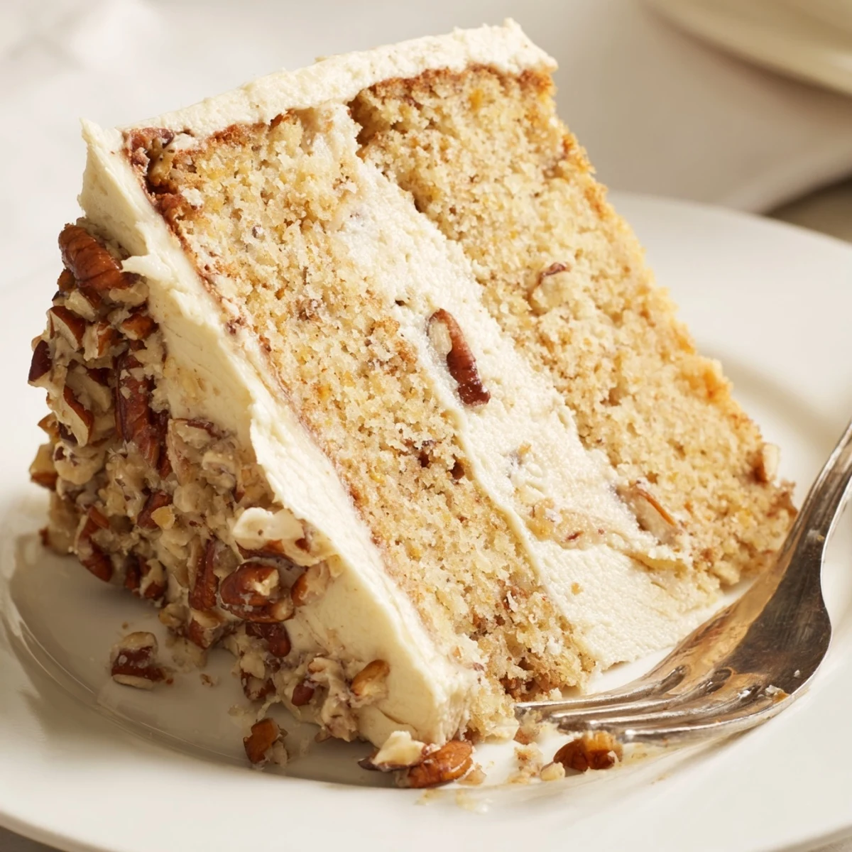 Three-layer butter pecan cake slices showing moist crumb and buttery frosting between layers.