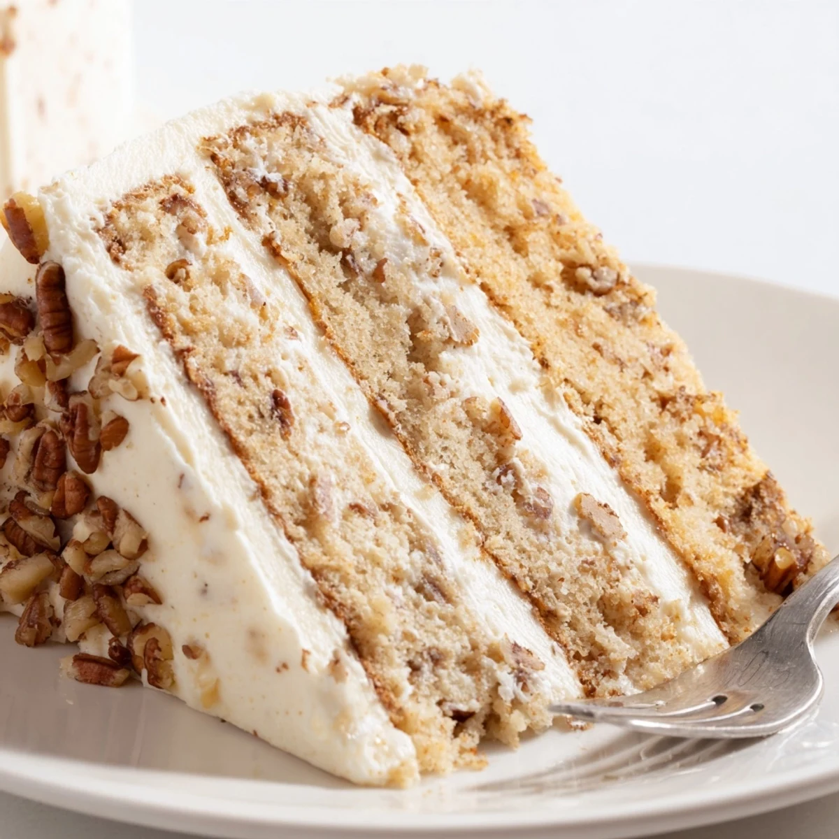 Butter pecan cake topped with creamy vanilla frosting and crunchy golden pecan halves.