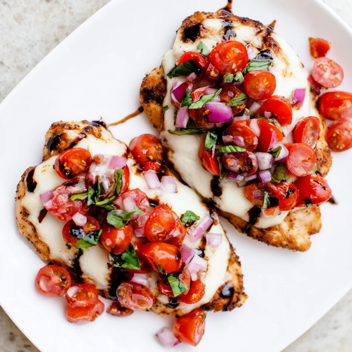 Golden pan-seared chicken breast topped with melted mozzarella and vibrant tomato basil bruschetta