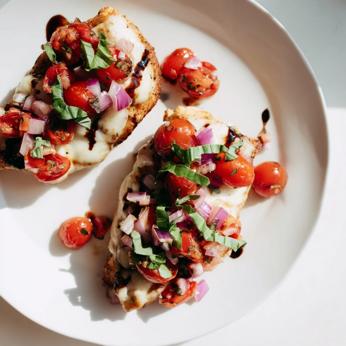 Savory mozzarella bruschetta chicken served fresh from the oven with bubbly cheese and diced tomatoes
