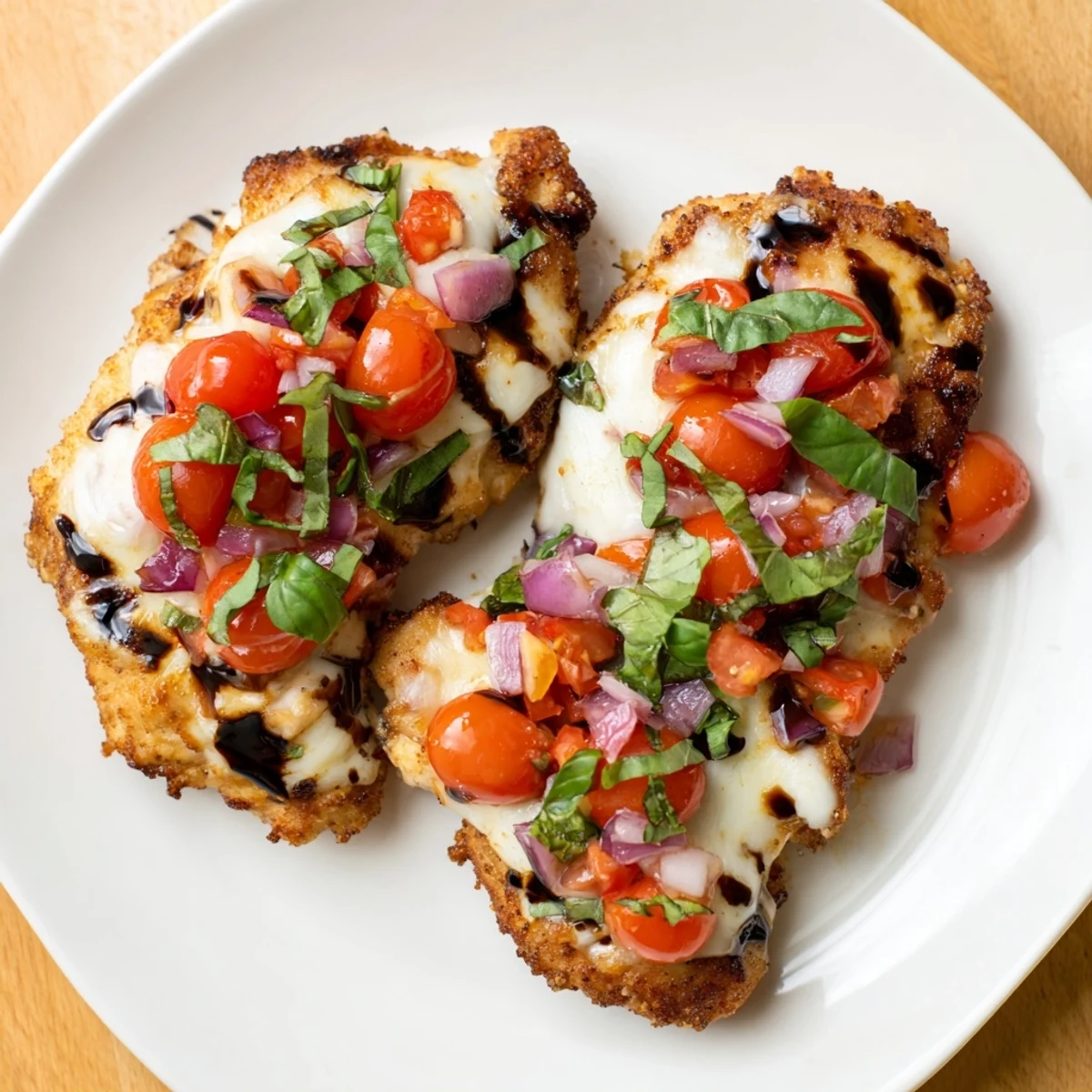 Plate of juicy chicken topped with colorful tomato bruschetta, melted mozzarella, and fresh basil garnish