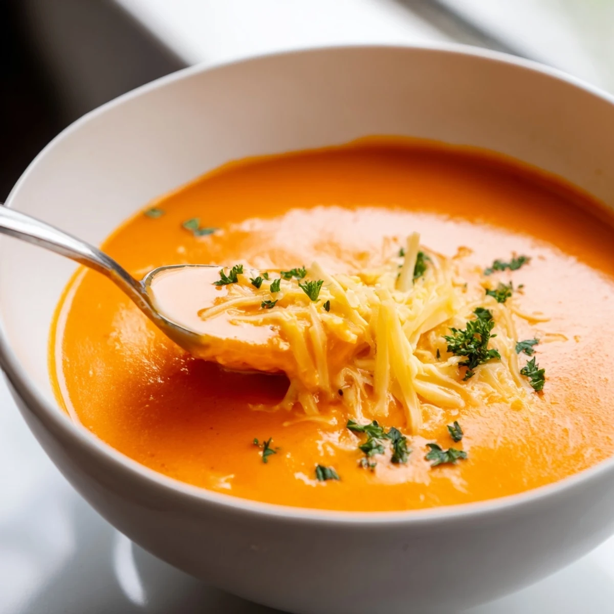 Creamy roasted red pepper Gouda soup garnished with fresh parsley and extra shredded cheese in a white bowl