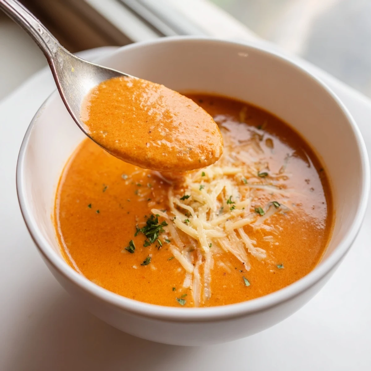 Golden orange roasted red pepper Gouda soup topped with parsley and cheese shreds on a dark wooden table