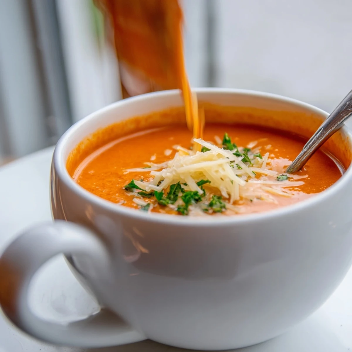 Velvety red pepper and smoked Gouda soup steaming in a rustic bowl with crusty bread on the side