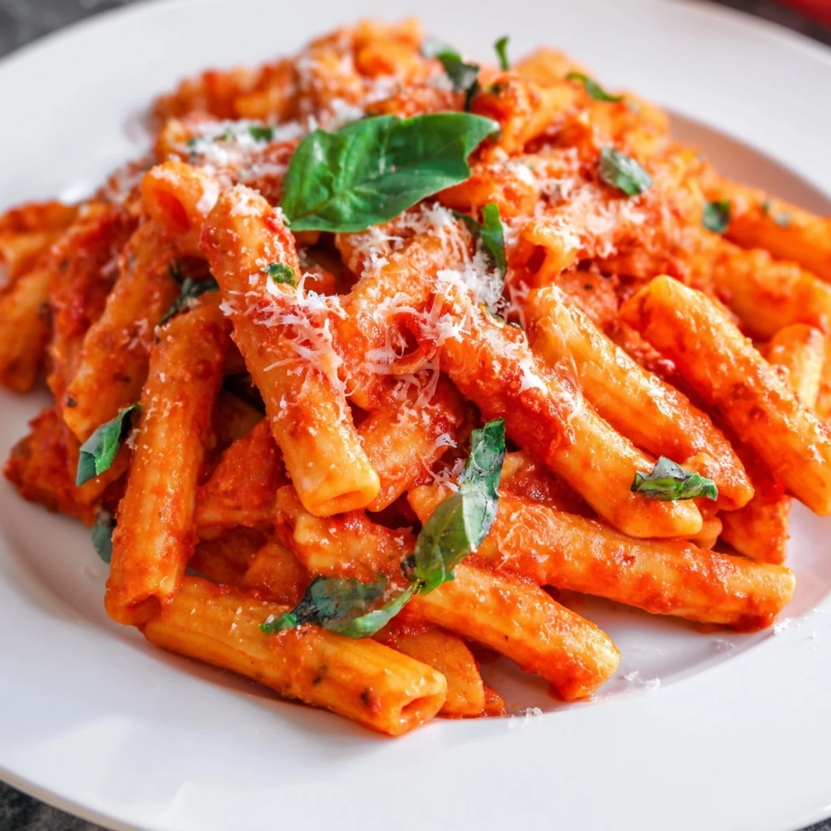 Creamy tomato garlic pasta coated in rich red sauce with fresh basil sprinkled on top