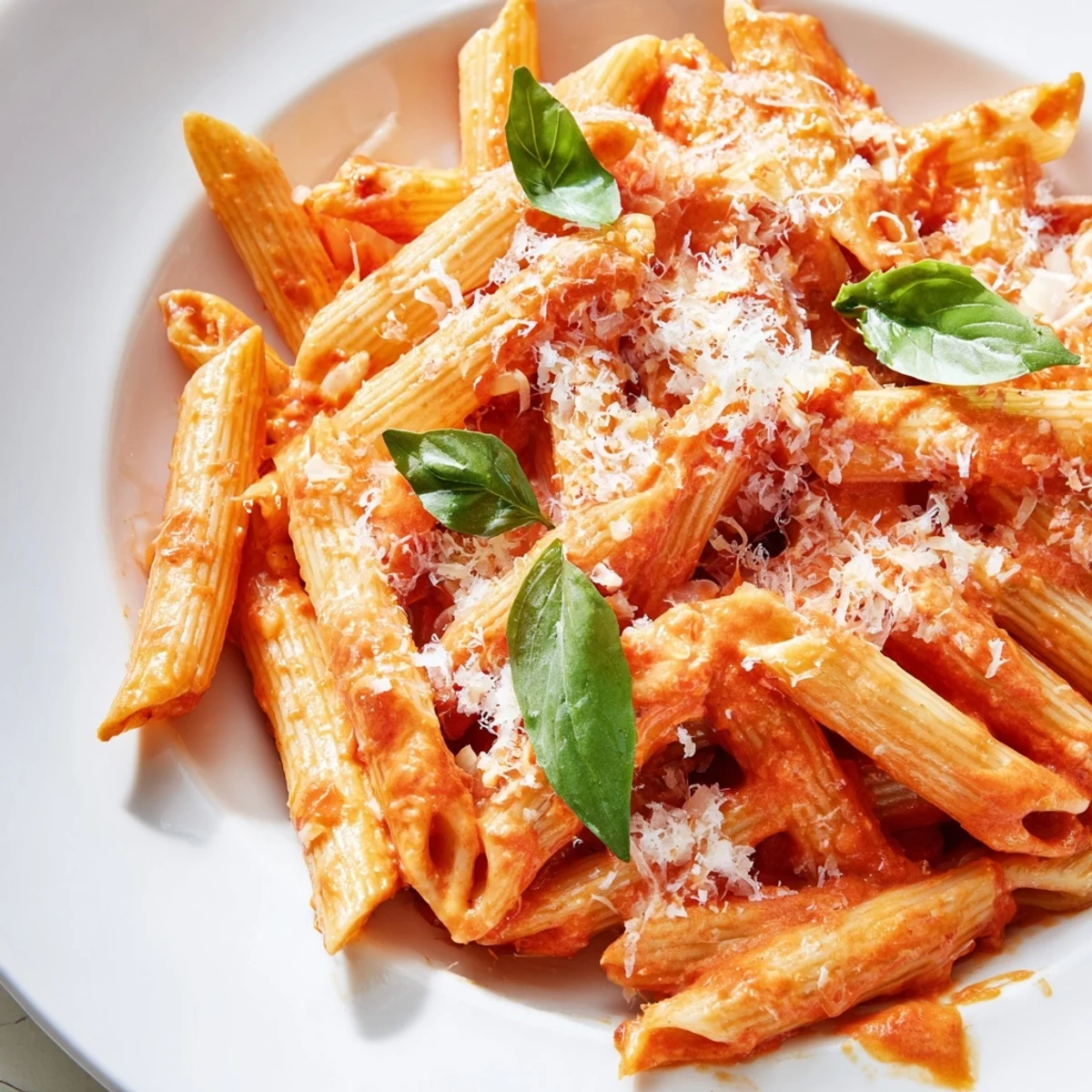 Steaming bowl of creamy tomato garlic pasta twirled with parmesan and vibrant green basil garnish
