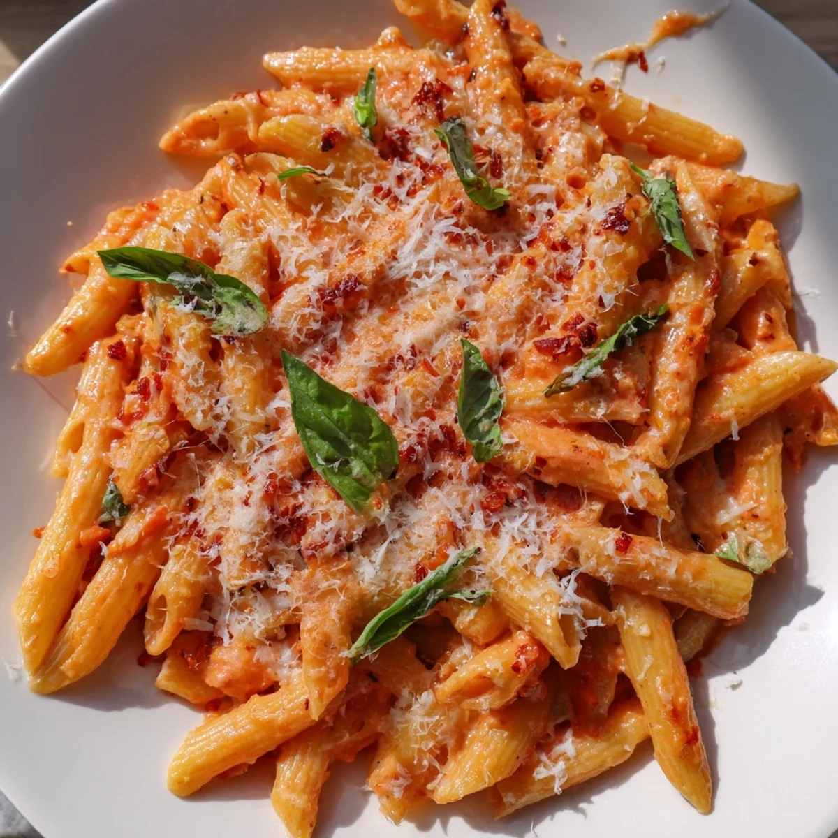 Golden pasta tossed in velvety tomato garlic cream sauce served on white ceramic dinner plate