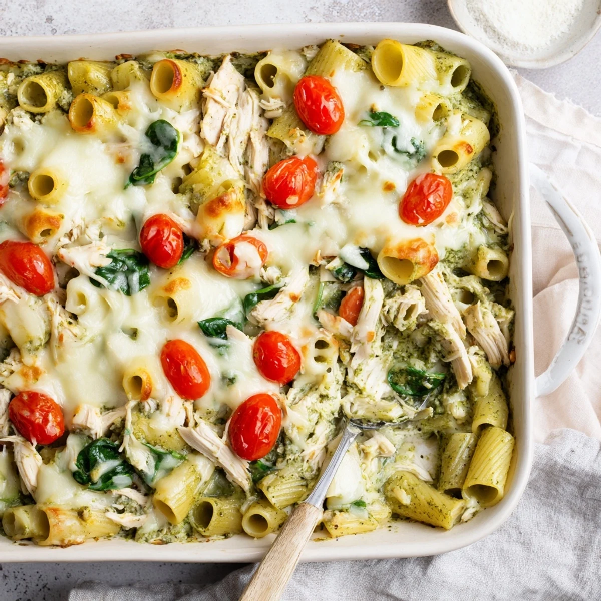Golden brown creamy pesto chicken pasta bake with bubbling mozzarella cheese topping
