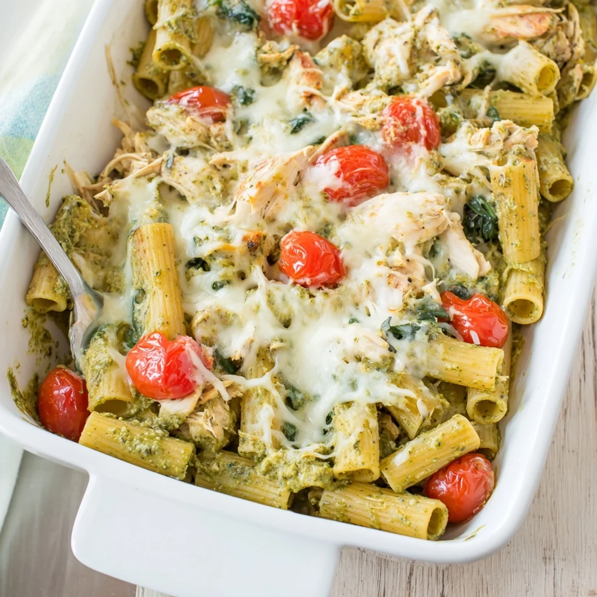 Oven-baked pesto chicken pasta casserole featuring melted cheese and fresh basil garnish