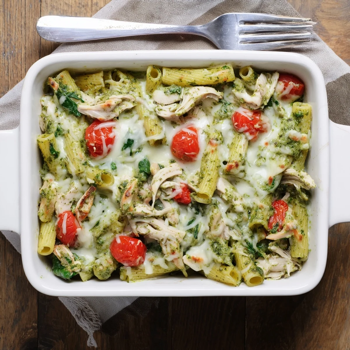 Comforting creamy pesto chicken pasta bake served hot with bubbling golden cheese crust