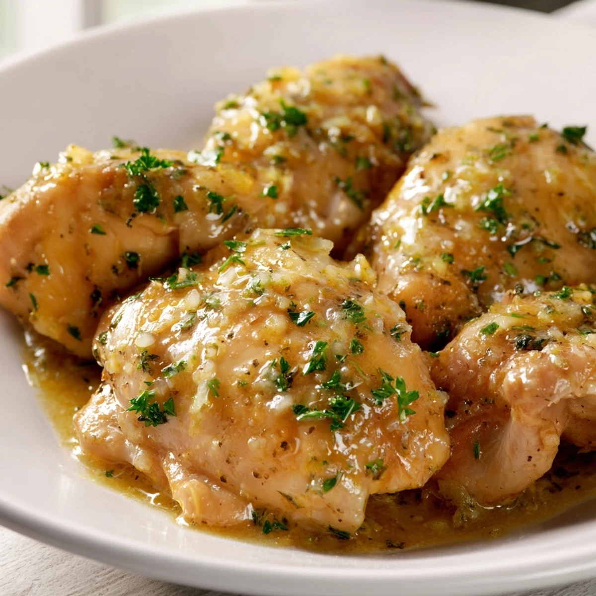 Creamy garlic butter chicken slow cooker dish garnished with fresh parsley and lemon