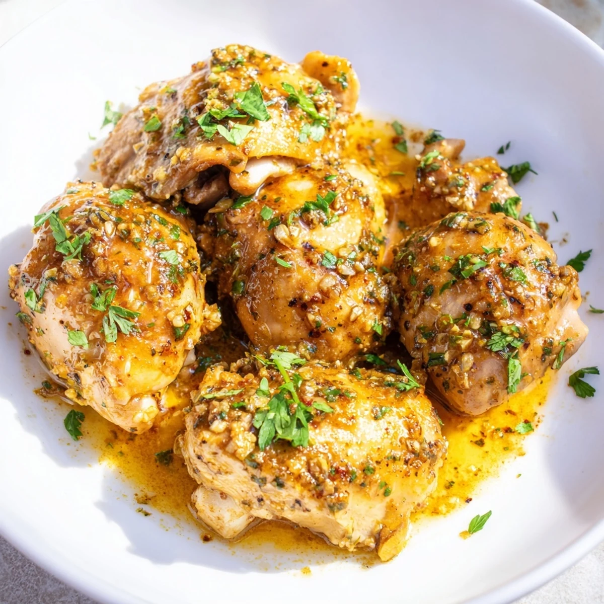 Tender slow-cooked chicken breasts swimming in rich garlic butter sauce with herbs