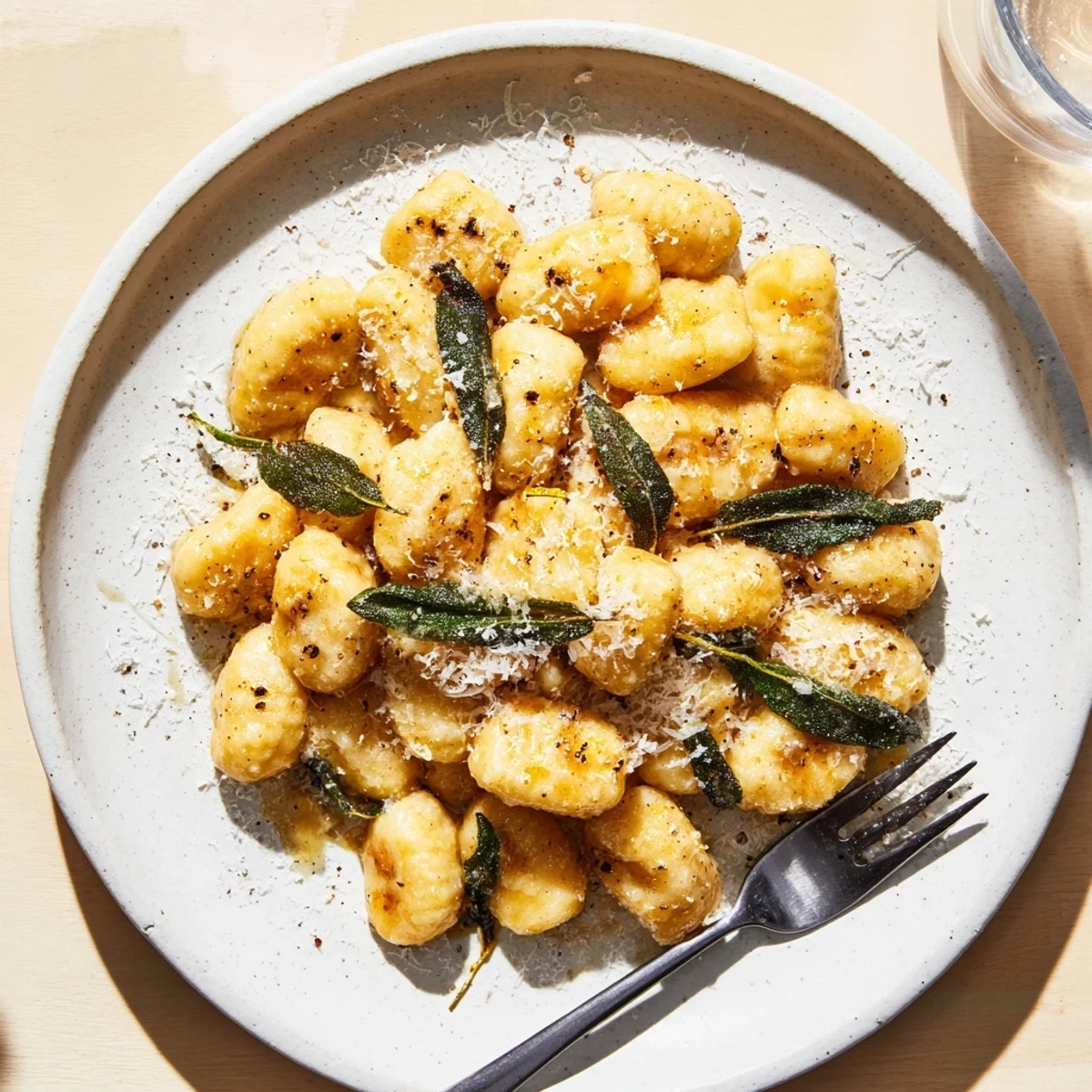 Golden brown butter sage gnocchi plated with crispy fried sage leaves and grated Parmesan