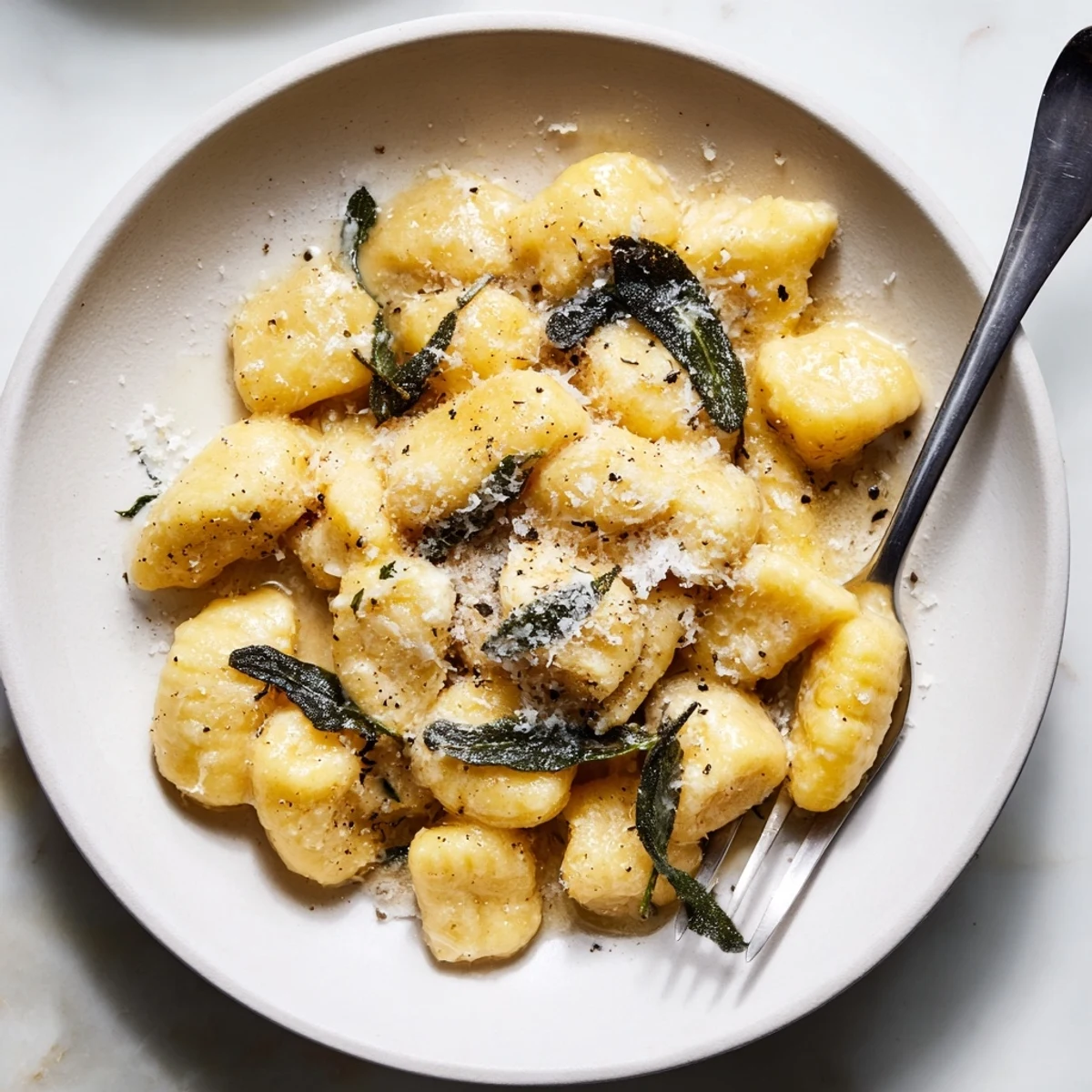 Italian brown butter sage gnocchi served in a white bowl with Parmesan and black pepper
