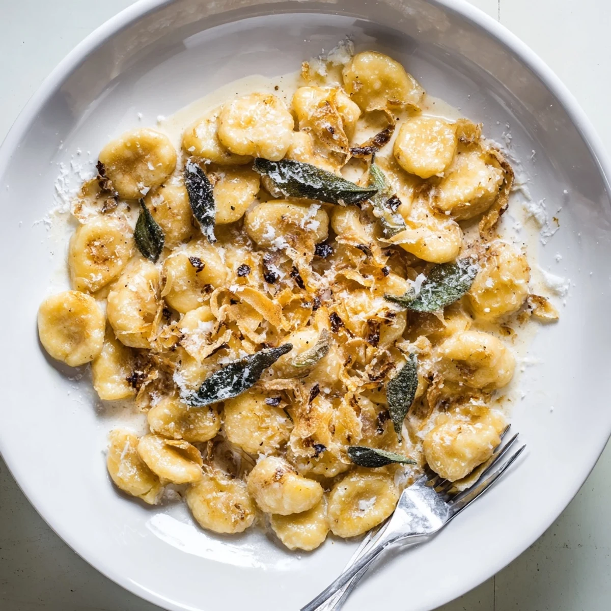 Pillowy potato gnocchi coated in nutty brown butter sauce with aromatic crispy sage topping