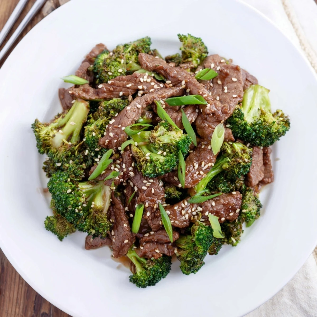 Tender slices of beef and fresh broccoli florets swimming in a glossy brown savory sauce