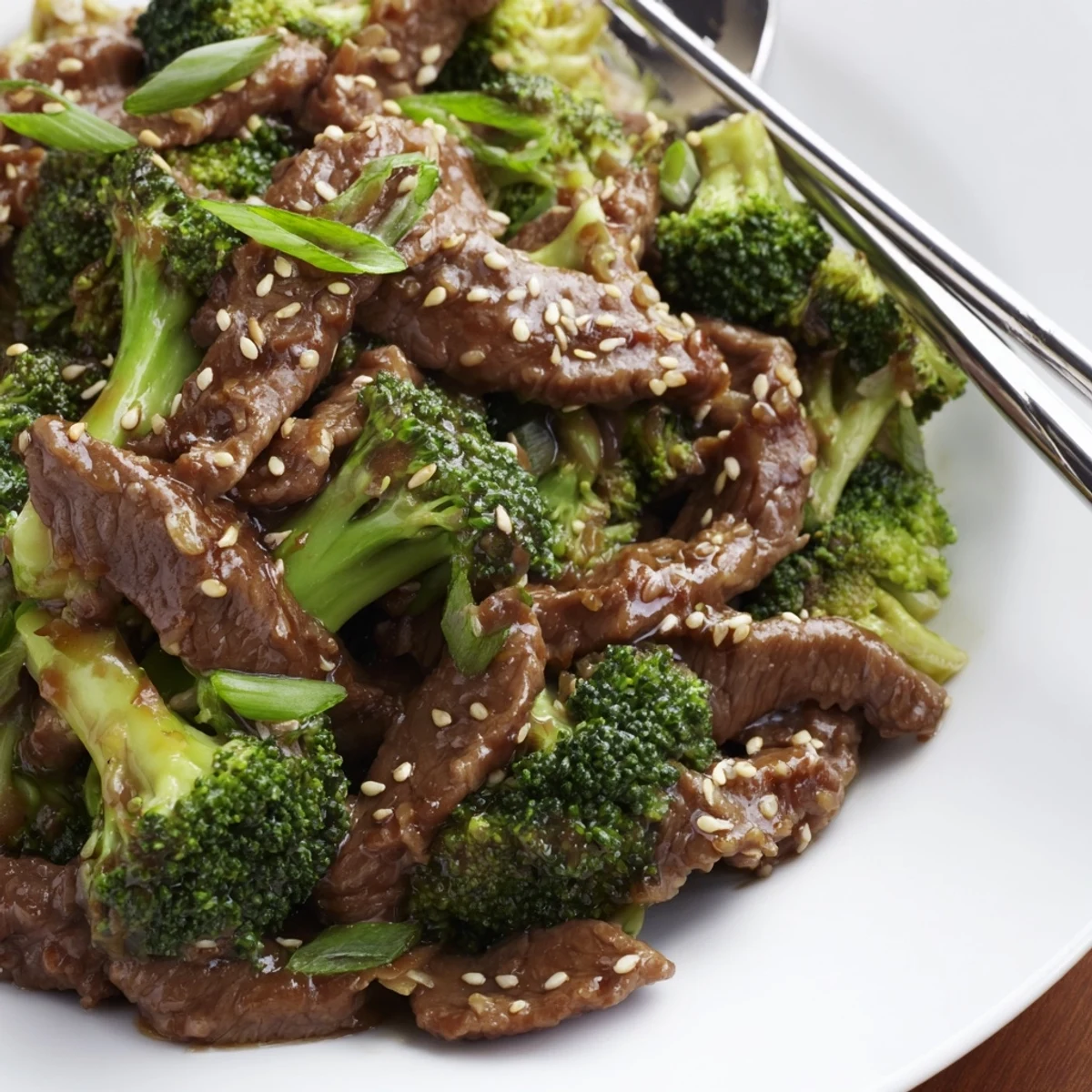 Close-up of juicy beef strips and crisp-tender broccoli coated in thick Asian-style glaze