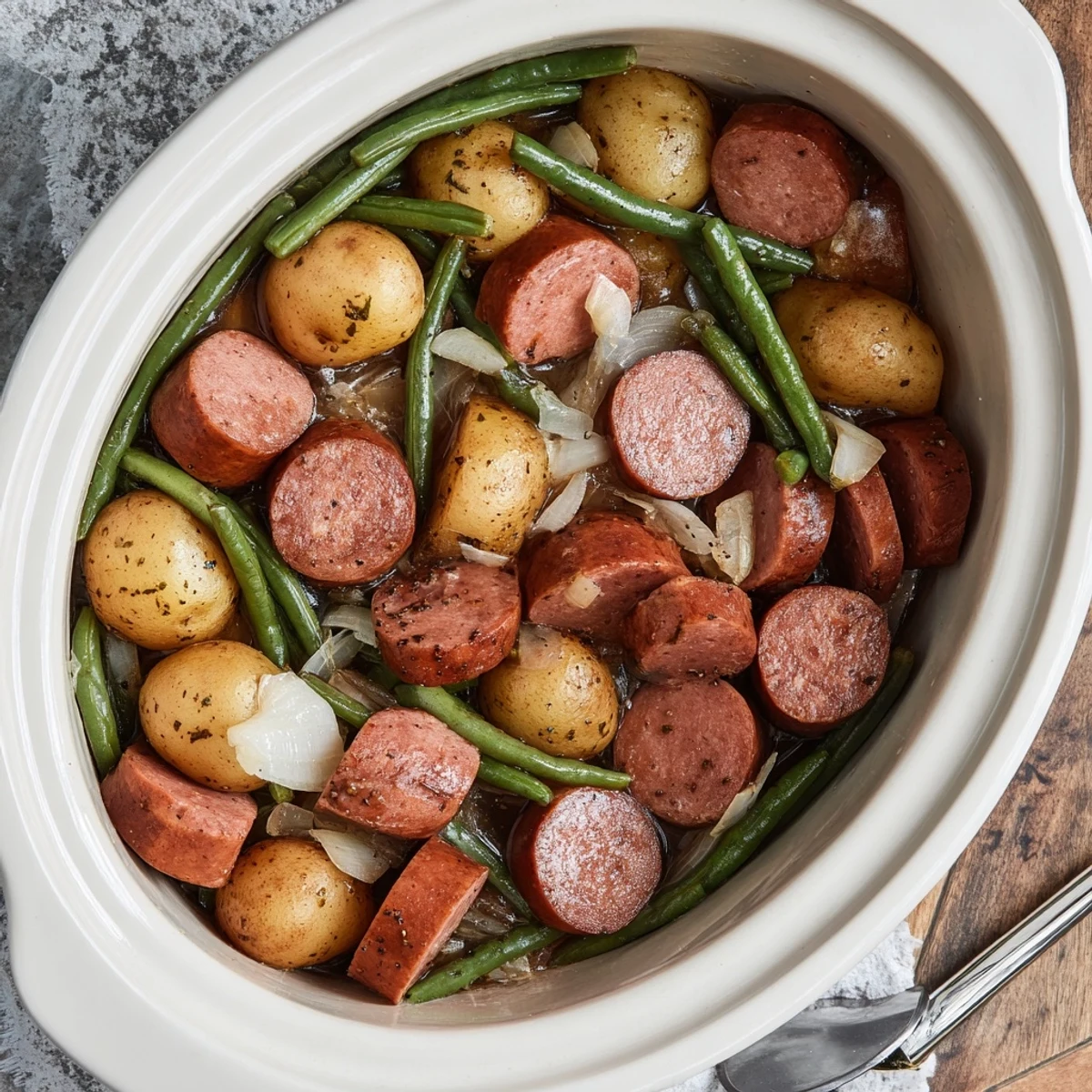 Slow cooker Crockpot Kielbasa and Green Beans with tender potatoes in savory broth