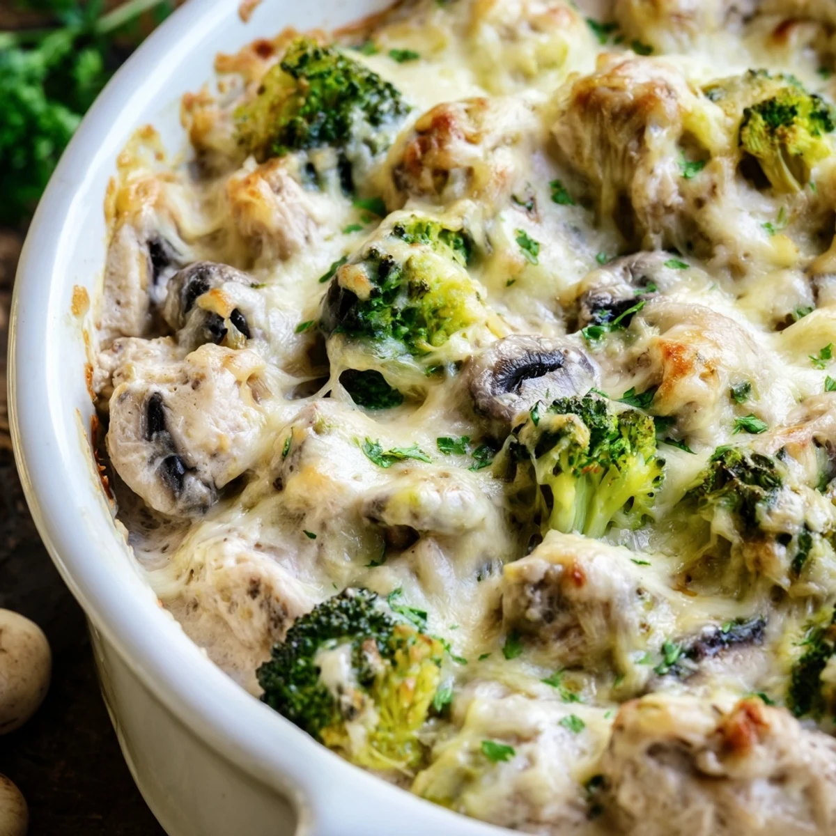 Golden brown creamy low carb chicken casserole topped with melted mozzarella and fresh parsley