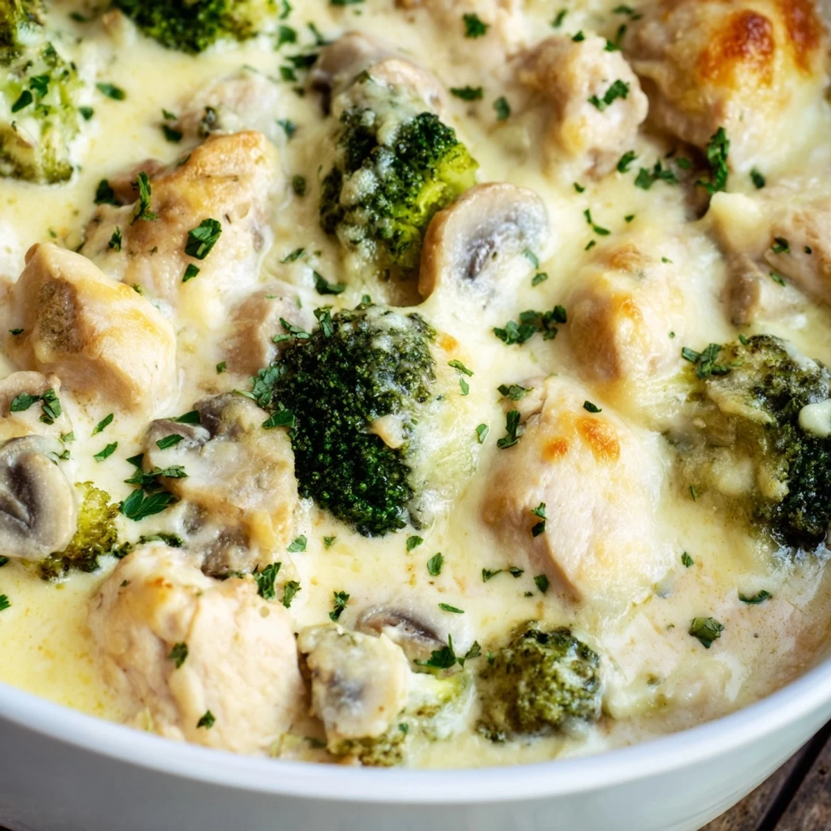 Bubbling low carb chicken casserole with tender broccoli mushrooms in rich cheese sauce