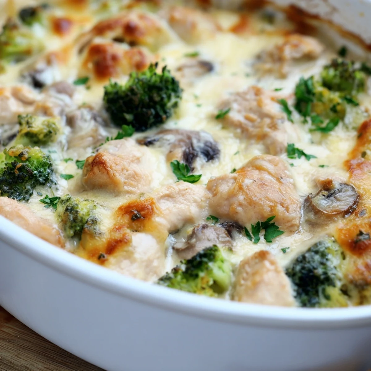 Serving of low carb chicken casserole featuring juicy chicken bites in velvety cream sauce