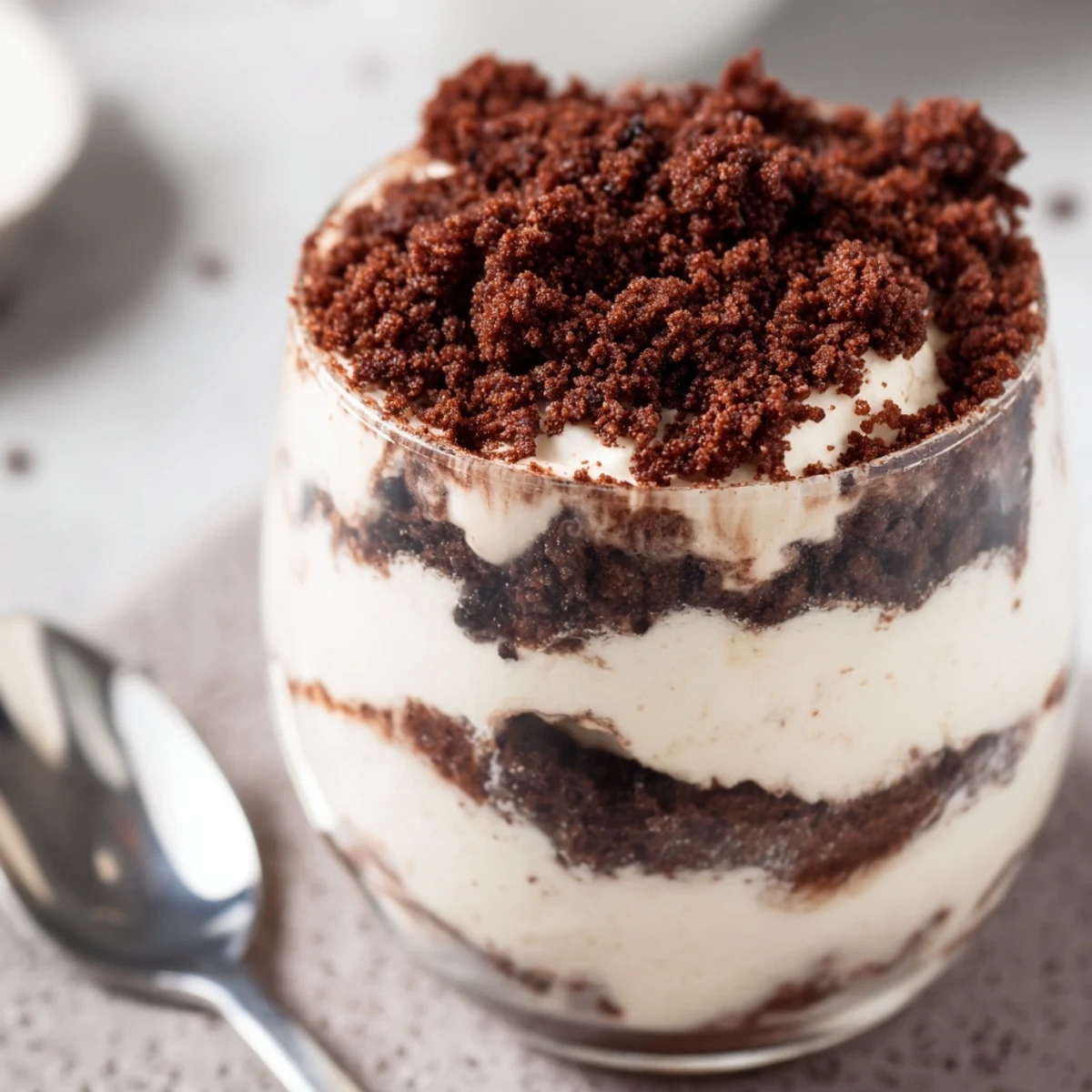 Keto dirt cake layered with chocolate pudding whipped cream and crunchy almond cocoa crumbles