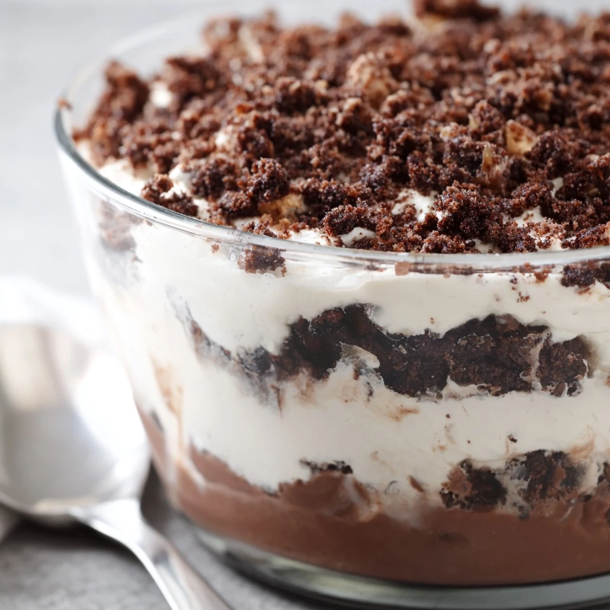 Sliced keto dirt cake revealing chocolate pudding layers whipped cream and buttery cocoa almond crumbs