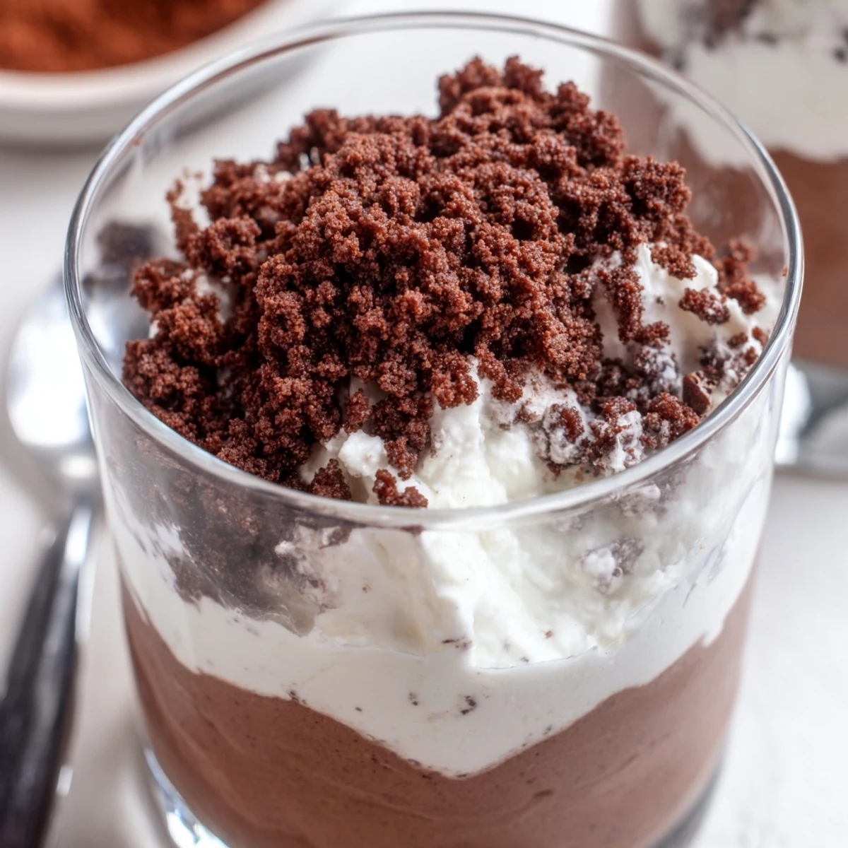 Glass dish displaying low-carb chocolate dirt cake with rich pudding fluffy cream and chocolate almond dirt topping