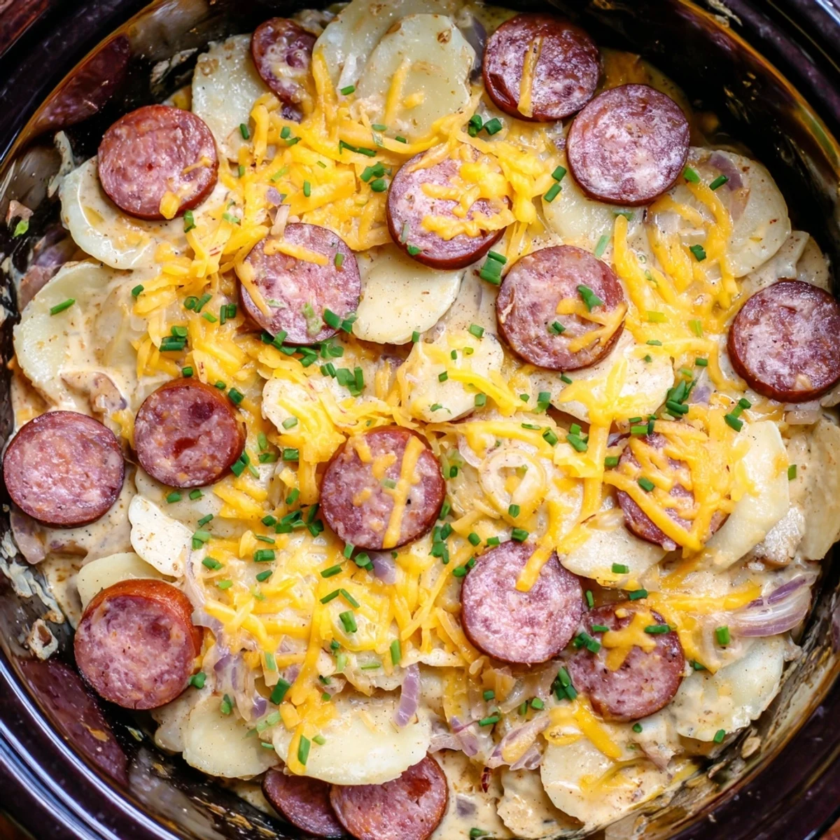 Golden bubbly Crock Pot Pierogi Casserole with melted cheddar over sliced kielbasa and onions